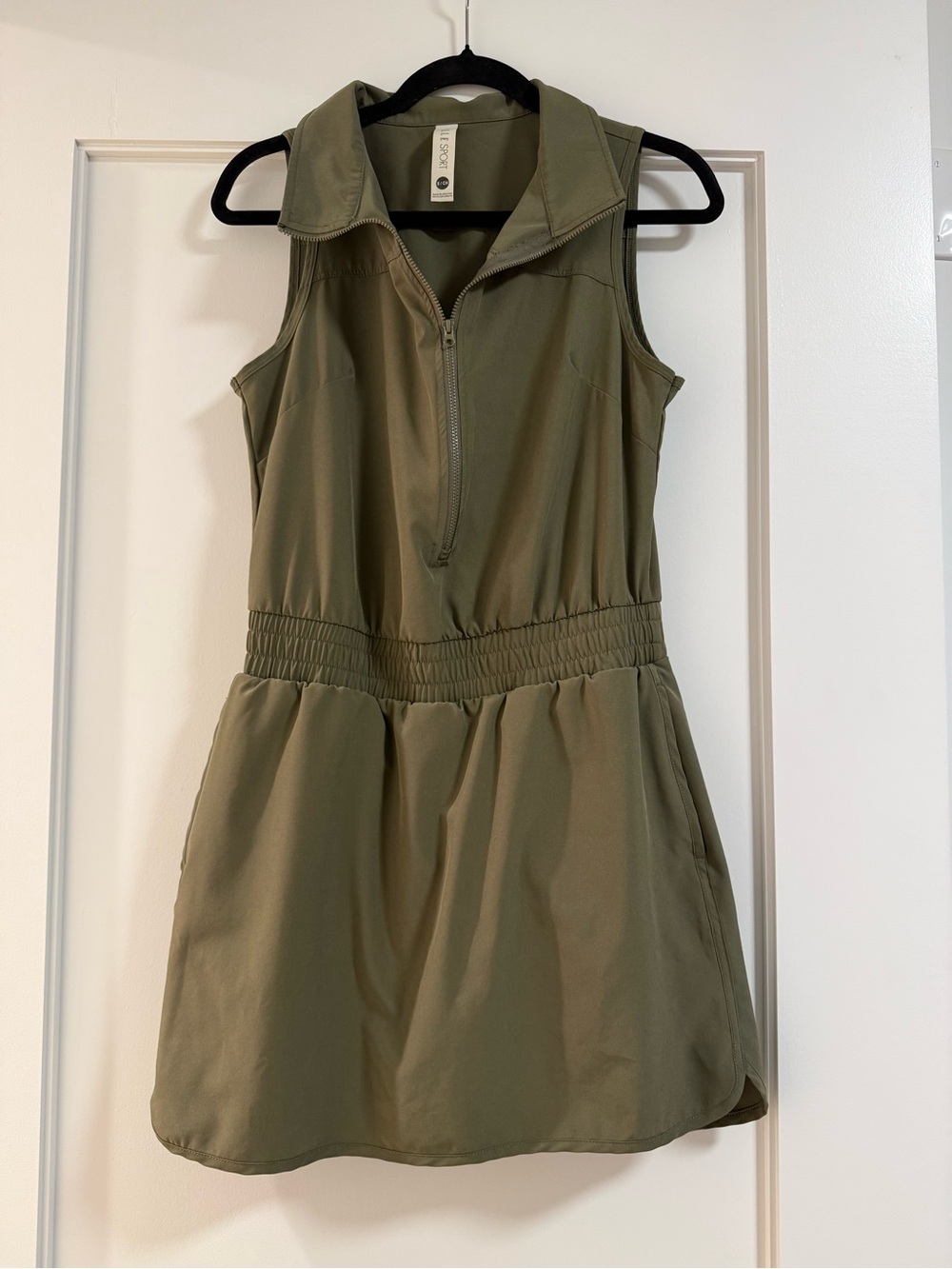 Sporty Olive Dress with Zip Front & spandex shorts